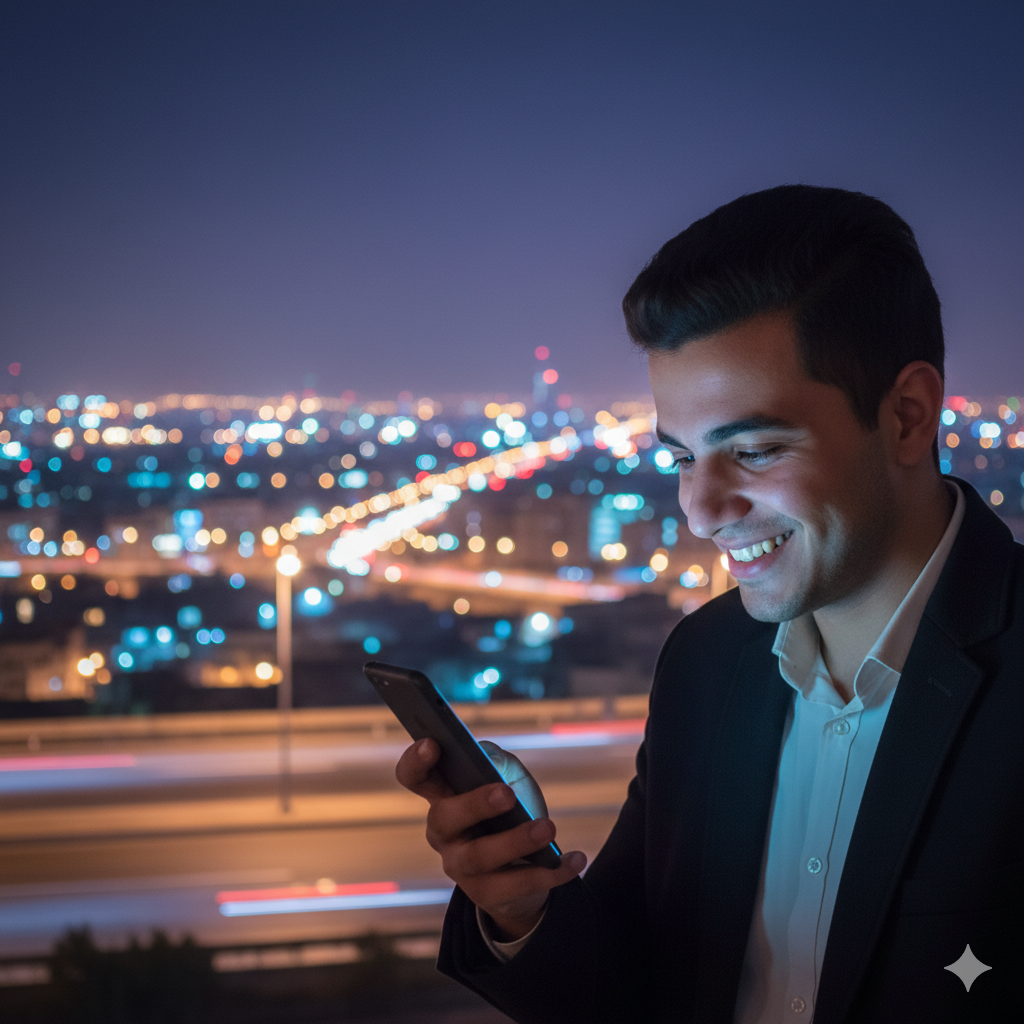 شاب عراقي يستخدم الموبايل للعمل